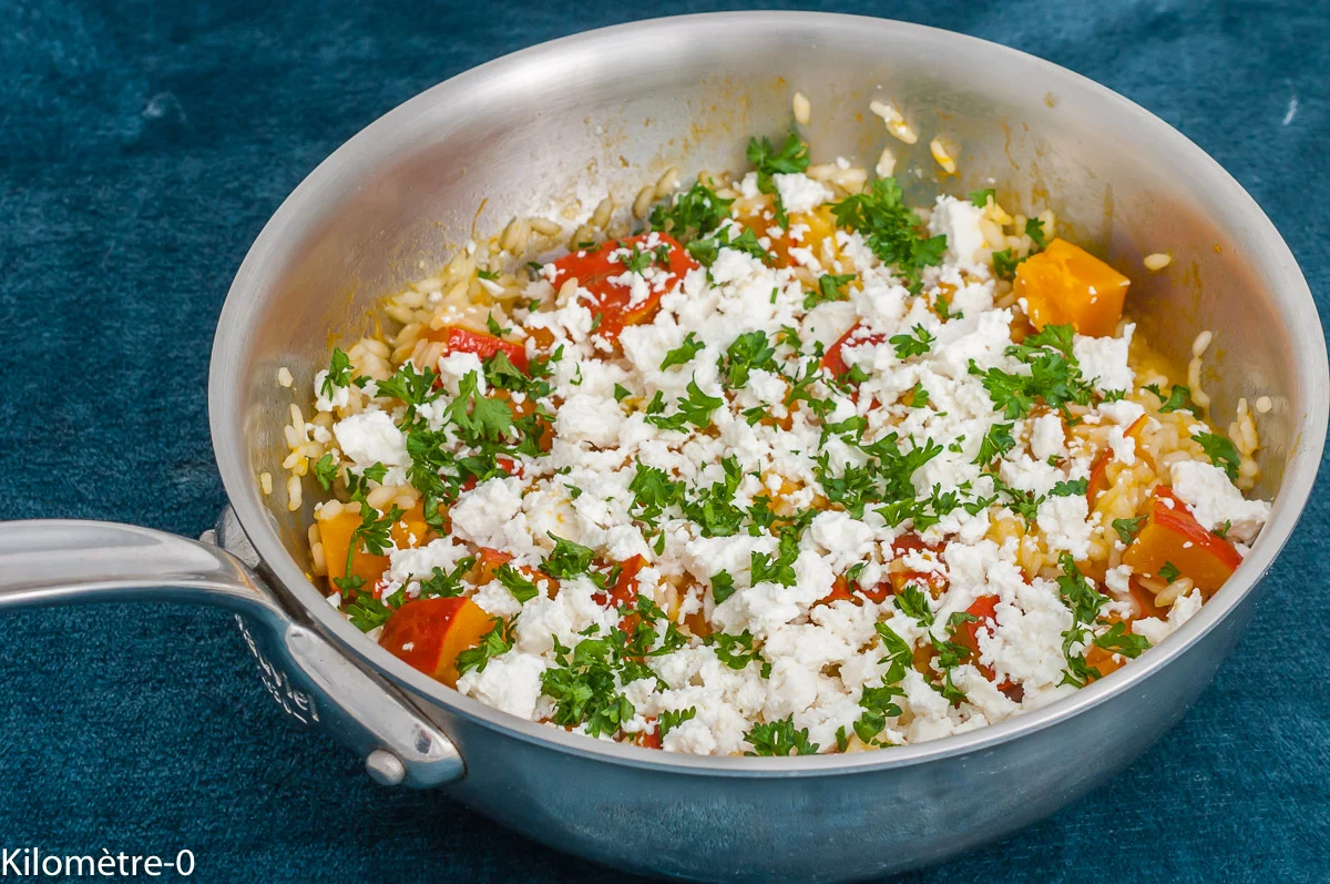 Photo de recette de risotto, italienne, Italie, potimarron, courge, fromage, fêta, riz, facile, économique, rapide, bouillon, végé, végétarien, Kilomètre-0, blog de cuisine réalisée à partir de produits de saison et issus de circuits courts