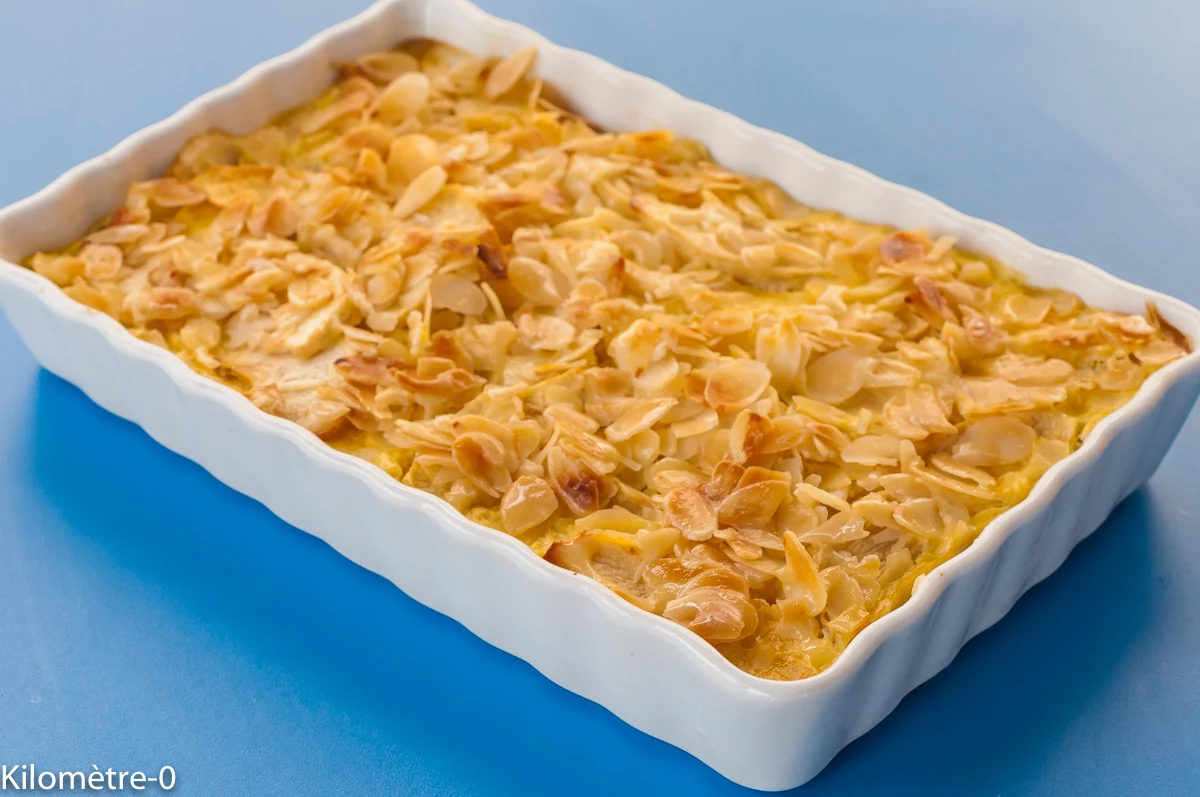 Photo de recette de gratin, dessert, pommes, fruits, automne, hiver, amandes, facile, rapide, bio, Kilomètre-0, blog de cuisine réalisée à partir de produits de saison et issus de circuits courts