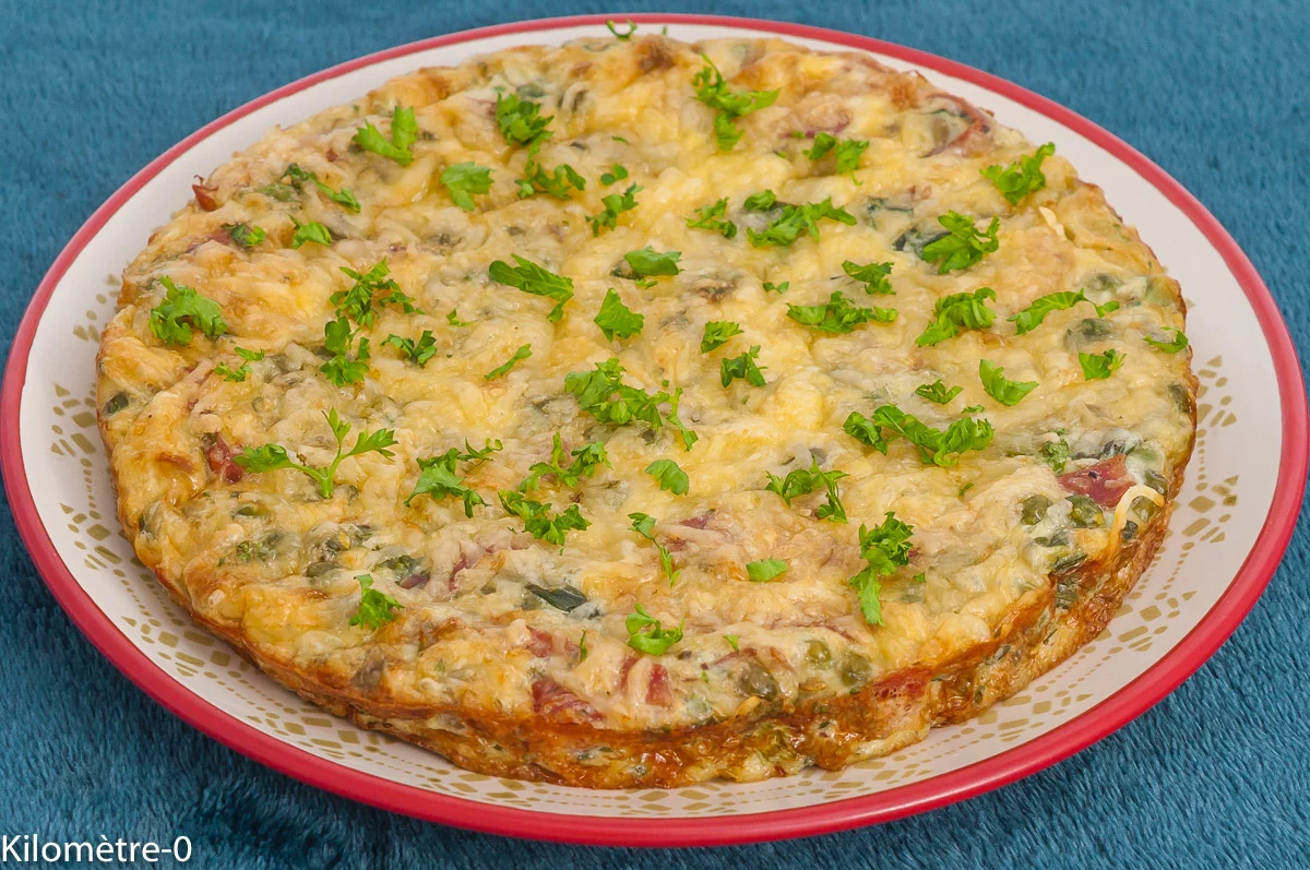 Photo de recette de frittata, italienne, omelette, four, oeufs, petits pois, printemps, facile, bio, rapide, fromage, gâteau salé, Kilomètre-0, blog de cuisine réalisée à partir de produits de saison et issus de circuits courts