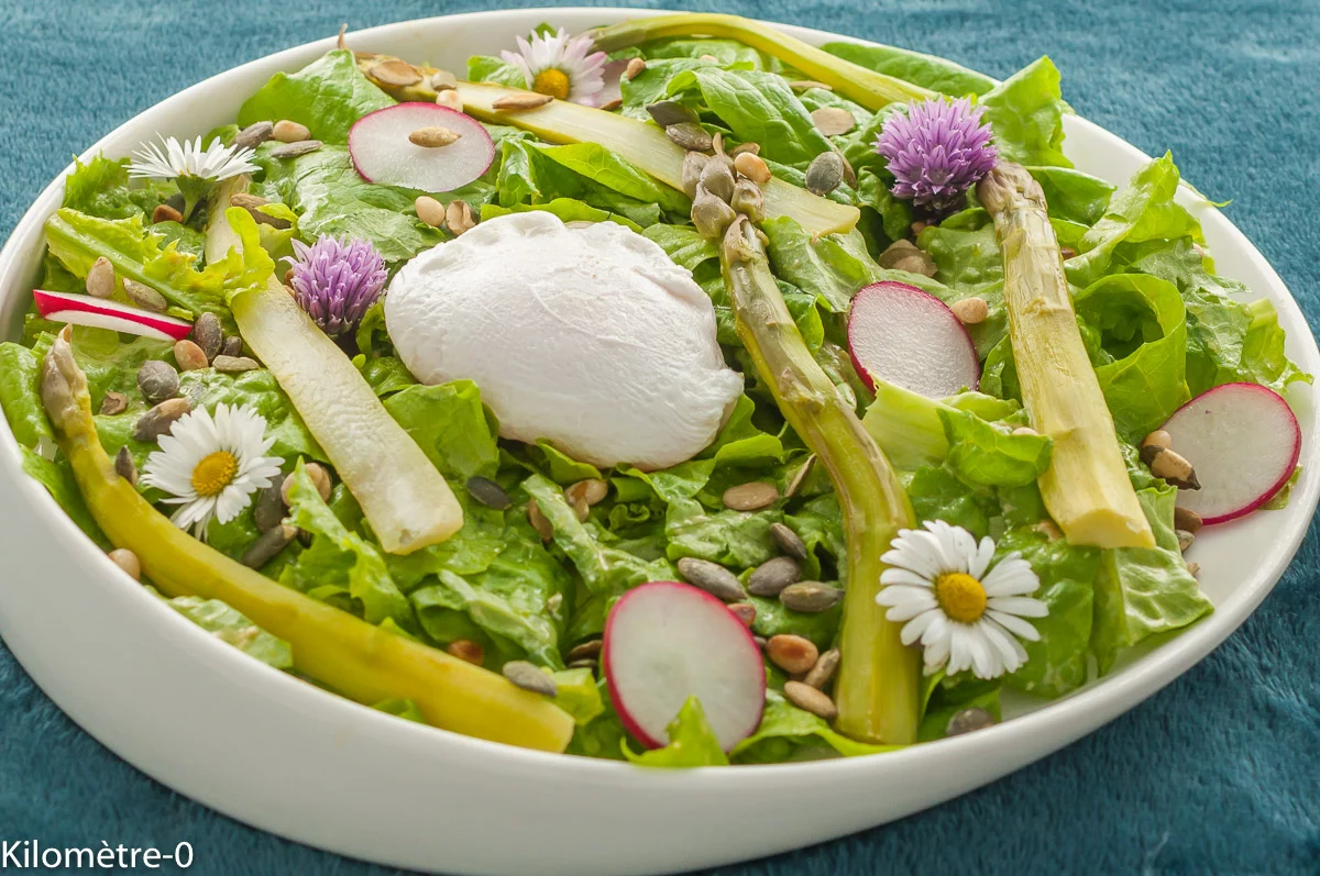 Photo de recette de salade, printemps, printanière,asperges vertes, œuf poché, fleurs, salade verte, végétarien, oeuf, verte, Kilomètre-0, blog de cuisine réalisée à partir de produits de saison et issus de circuits courts