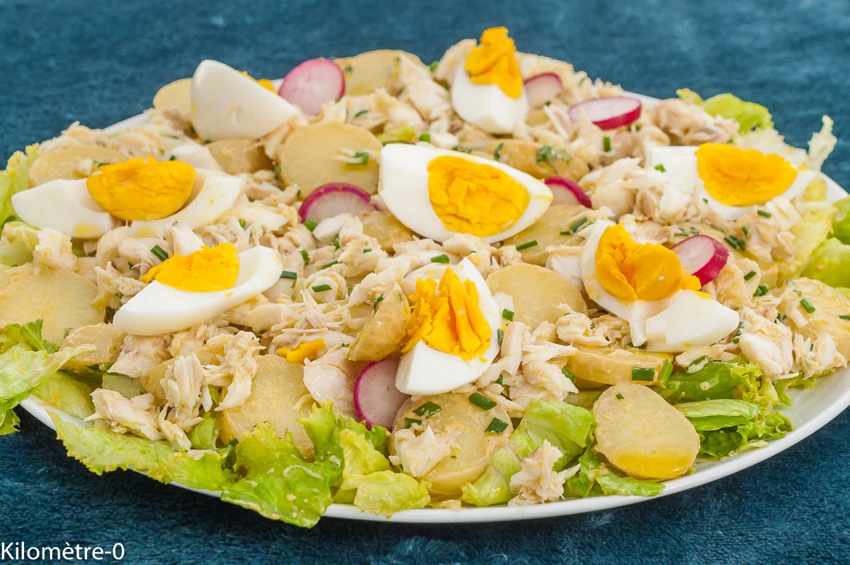 Photo de recette de salade, salade composée, printemps, été, poisson, bar , pommes de terre nouvelles, pommes de terre primeur, œufs durs, salade verte, facile, radis, Kilomètre-0, blog de cuisine réalisée à partir de produits de saison et issus de circuits courts