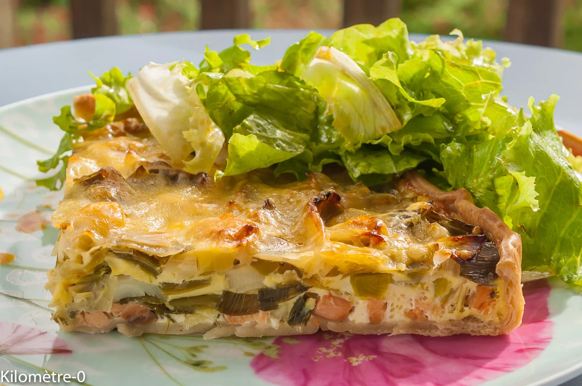 Photo de recette de quiche, poireaux, légumes, poisson, saumon, fromage, oeufs, facile, tarte salée, Kilomètre-0, blog de cuisine réalisée à partir de produits de saison et issus de circuits courts