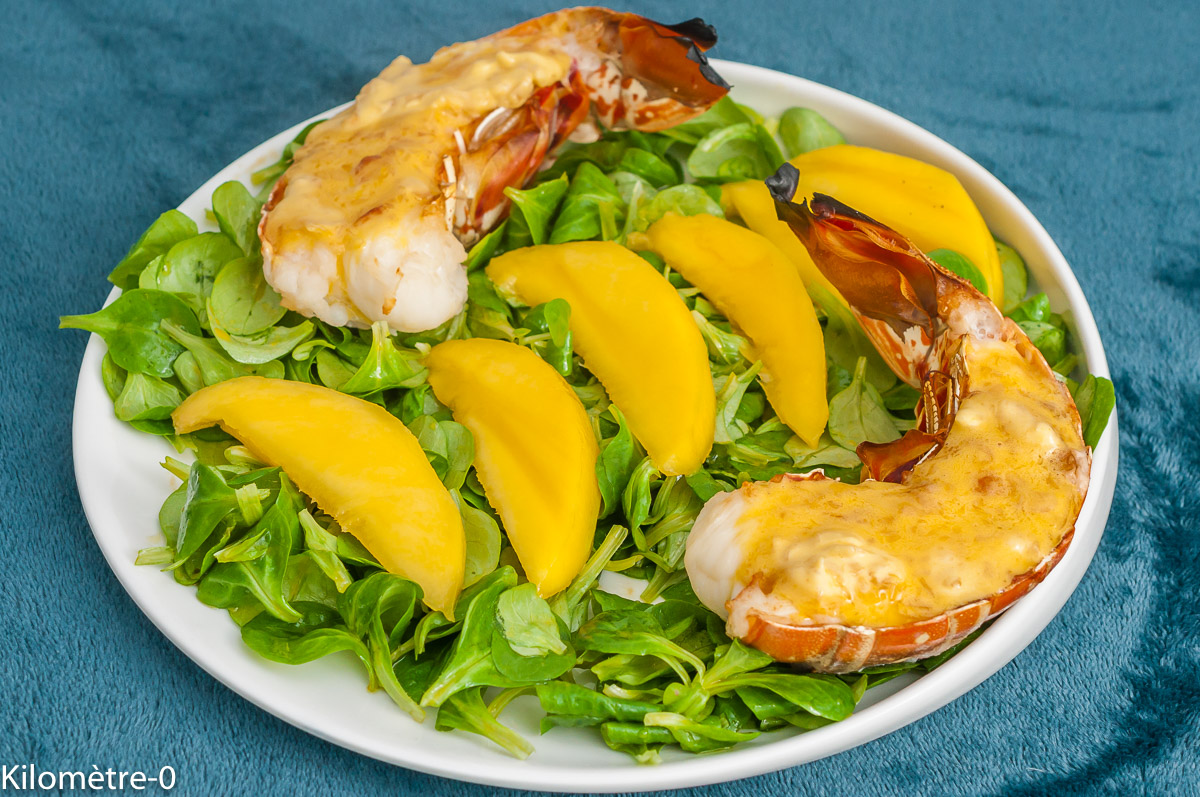 Photo de recette de crustacés, Noël, nouvel an, fêtes, langouste, langouste grillée,  beurre blanc, beurre de mangue, mangue, fruits, fruits exotiques, léger, healthy, original, festif,  Kilomètre-0, blog de cuisine réalisée à partir de produits de saison et issus de circuits courts