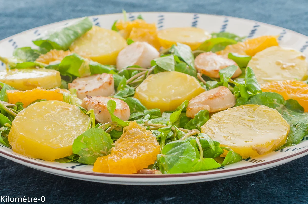 Photo de recette de salade, pommes de terre, oranges, agrumes, cresson, salade, automne, hiver, noix saint jacques, facile, healthy, léger, Kilomètre-0, blog de cuisine réalisée à partir de produits de saison et issus de circuits courts