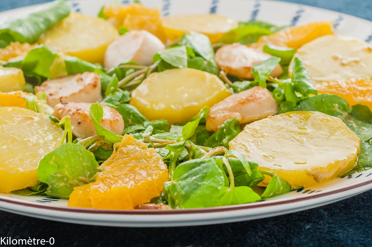 Photo de recette de salade, pommes de terre, oranges, agrumes, cresson, salade, automne, hiver, noix saint jacques, facile, healthy, léger, Kilomètre-0, blog de cuisine réalisée à partir de produits de saison et issus de circuits courts