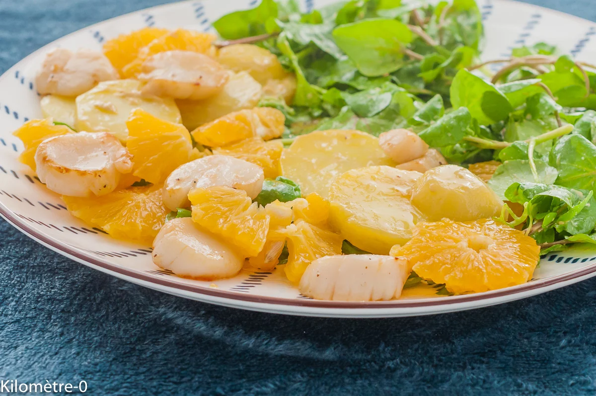 Photo de recette de salade, pommes de terre, oranges, agrumes, cresson, salade, automne, hiver, noix saint jacques, facile, healthy, léger, Kilomètre-0, blog de cuisine réalisée à partir de produits de saison et issus de circuits courts