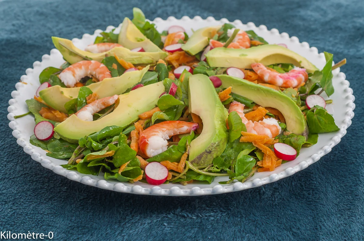 Photo de recette de salade composée, salade complète, cresson , carottes, carottes nouvelles, avocat, crevettes, facile, rapide, healthy, léger, Kilomètre-0, blog de cuisine réalisée à partir de produits de saison et issus de circuits courts