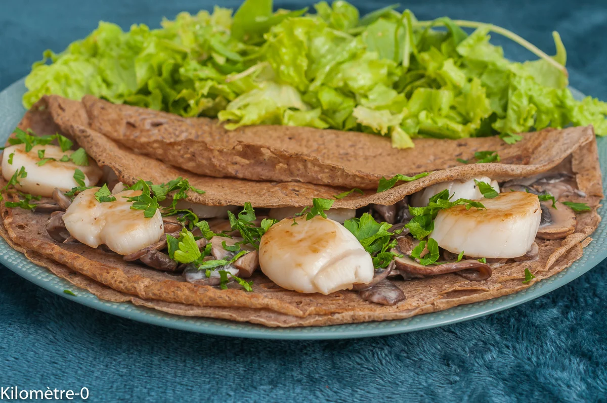 Photo de recette bretonne, galette, saint jacques , champignons, poisson, healthy, léger, facile, galette de blé noir, galette de sarrasin, galette bretonne, Kilomètre-0, blog de cuisine réalisée à partir de produits de saison et issus de circuits courts
