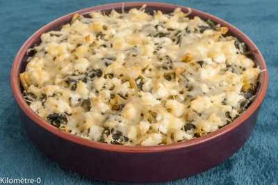 Photo de recette de gratin, pâtes, épinards,  facile, bio, fêta, spanakopita,  Kilomètre-0, blog de cuisine réalisée à partir de produits de saison et issus de circuits courts