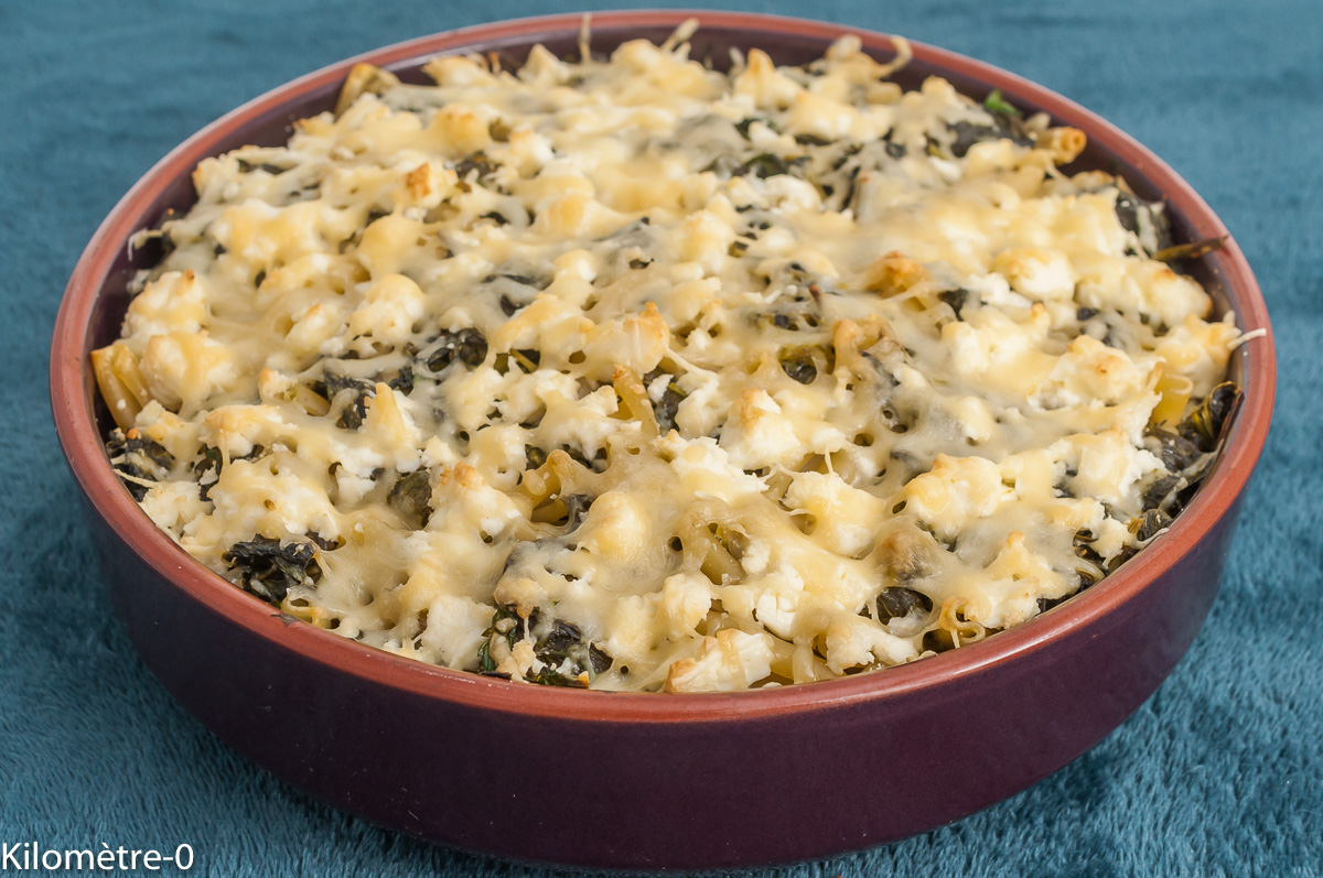 Photo de recette de gratin, pâtes, épinards, facile, bio, fêta, spanakopita, Kilomètre-0, blog de cuisine réalisée à partir de produits de saison et issus de circuits courts