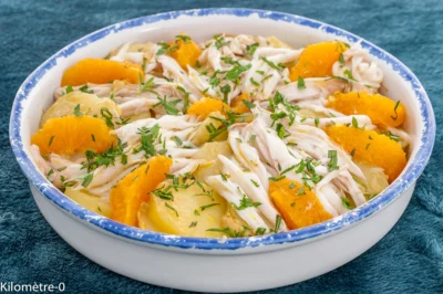 Photo de recette de  poisson, salade complète,  raie, pommes de terre nouvelles, oranges, helathy, léger, facile, Kilomètre-0, blog de cuisine réalisée à partir de produits de saison et issus de circuits courts