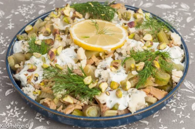 Photo de recette de salade, fenouil, thon, pistaches, roquefort, facile, printemps, été, légumes, bio, rapide, salade complète, Kilomètre-0, blog de cuisine réalisée à partir de produits de saison et issus de circuits courts