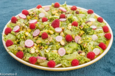 Photo de recette de salade composée, salade, légère, helathy, légumes,  fenouil, courgette, été, automne,   pesto, pistaches, fanes de radis, Kilomètre-0, blog de cuisine réalisée à partir de produits de saison et issus de circuits courts