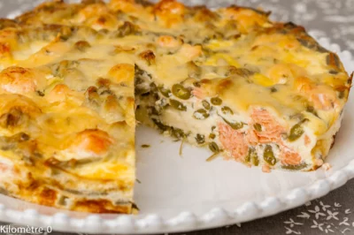 Photo de recette de clafoutis, saumon, poisson, poisson gras, haricots verts, légumes, été, automne, quiche, salé, facile, rapide, compleet,  Kilomètre-0, blog de cuisine réalisée à partir de produits de saison et issus de circuits courts