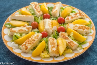 Photo de recette de  salade, été, estival, légère, fraiche, nectarine,  pêche, halloumi, tomates cerises, bio facile, raoide, Kilomètre-0, blog de cuisine réalisée à partir de produits de saison et issus de circuits courts