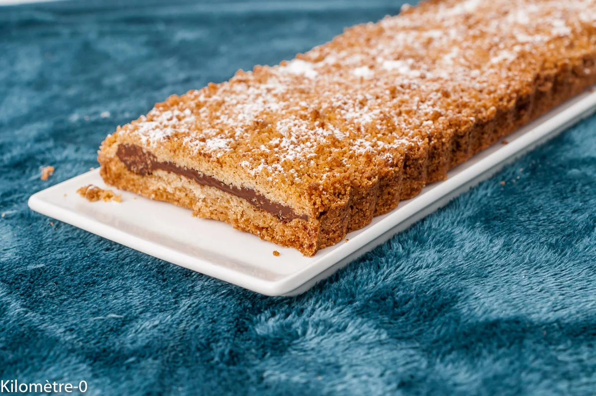 Photo de recette de Streusel à la pâte à tartiner, streusel, crumble, tarte crumble, chocolat, très facile, rapide, goûter, gâteau, dessert, Kilomètre-0, blog de cuisine réalisée à partir de produits de saison et issus de circuits courts