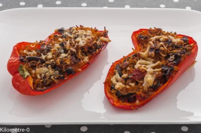 Photo de recette de farcis, estivaux, été, automne, poivrons farcis, champignons, cèpes,  riz, végé, végétarien, bio, healthy, légumes, Kilomètre-0, blog de cuisine réalisée à partir de produits de saison et issus de circuits courts