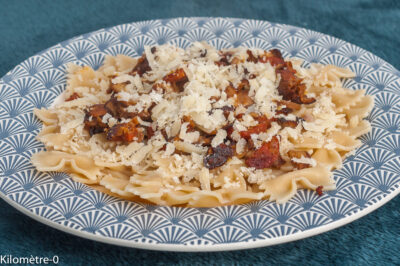 Photo de recette de plat, automne, facile, rapide, pâtes , champignons, cèpes, chorizo, parmesan, fromage, léger, bio, rapide, automne, Kilomètre-0, blog de cuisine réalisée à partir de produits de saison et issus de circuits courts