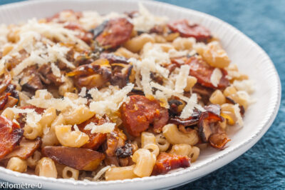 Photo de recette de  coquilloto,  cèpes, chorizo, risotto revisité, pâtes, coquillettes, facile, automne, bio, rapide, bio, vin blanc,  Kilomètre-0, blog de cuisine réalisée à partir de produits de saison et issus de circuits courts