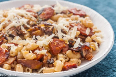 Photo de recette de  coquilloto,  cèpes, chorizo, risotto revisité, pâtes, coquillettes, facile, automne, bio, rapide, bio, vin blanc,  Kilomètre-0, blog de cuisine réalisée à partir de produits de saison et issus de circuits courts