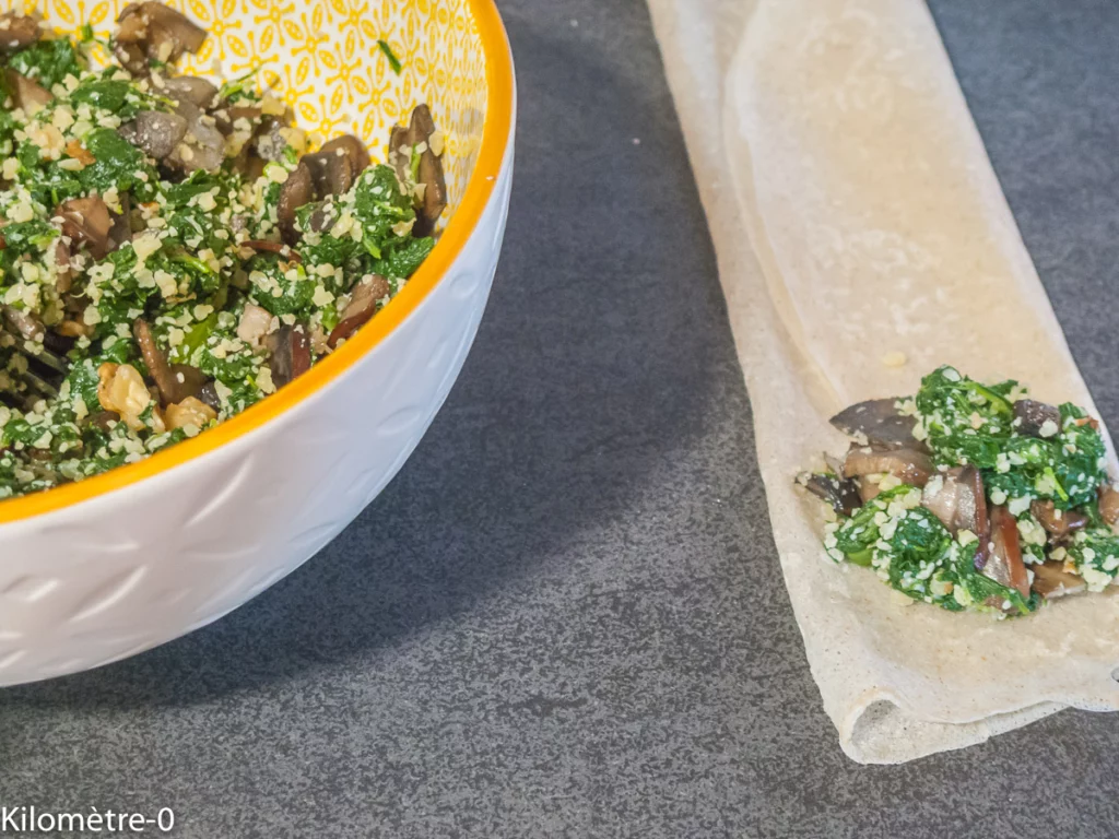 Briks aux épinards, champignons, noix et fromage - Étape 6
