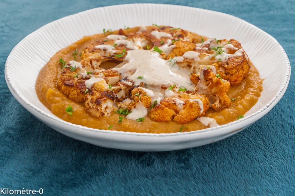 Chou fleur mariné, purée de haricots cocos et patate douce, sauce au tahin - Étape 10