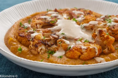 Photo de recette de chou fleur , chou, mariné, purée, légumineuses,  haricots cocos, haricots blancs,  patate douce, sauce au tahin, végé,végétarien, healthy, automne, hiver, Kilomètre-0, blog de cuisine réalisée à partir de produits de saison et issus de circuits courts