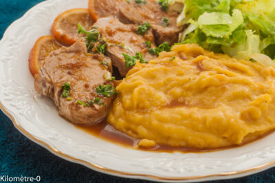 Photo de recette de viande, facile, invités, filet mignon, sauce à l'orange, orange, agrumes,  sauce soja, purée de patates douces, purée de pommes de terre Kilomètre-0, blog de cuisine réalisée à partir de produits de saison et issus de circuits courts