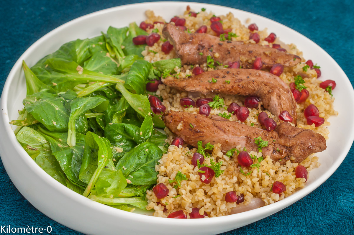 Photo de recette de canard, viande, aiguillettes de canard, caramel, balsamique, pilaf, boulgour, grenade, healthy, automne, hiver, printemps, facile, rapide, léger, Kilomètre-0, blog de cuisine réalisée à partir de produits de saison et issus de circuits courts