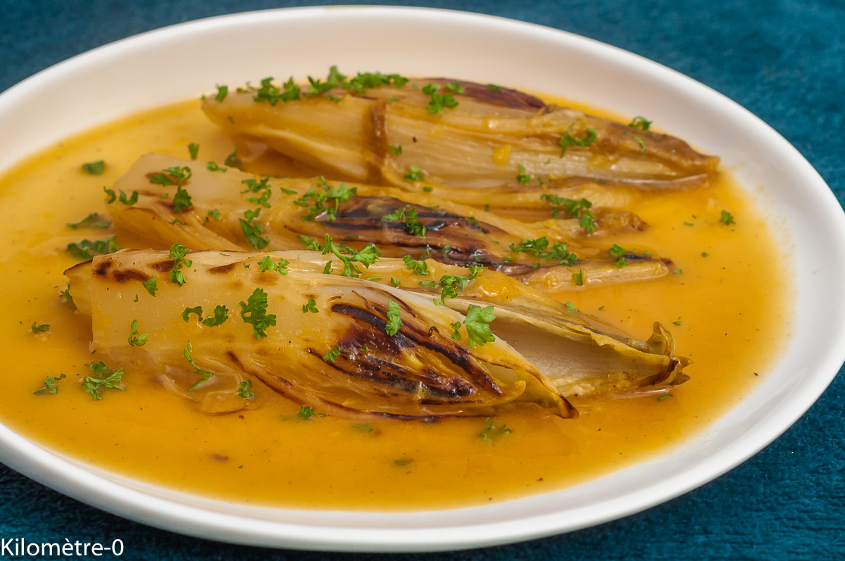 Photo de recette végétarienne, légère, facile, agrumes, orange, endives, légumes, automne, hiver, moutarde,  miel, bio, Kilomètre-0, blog de cuisine réalisée à partir de produits de saison et issus de circuits courts