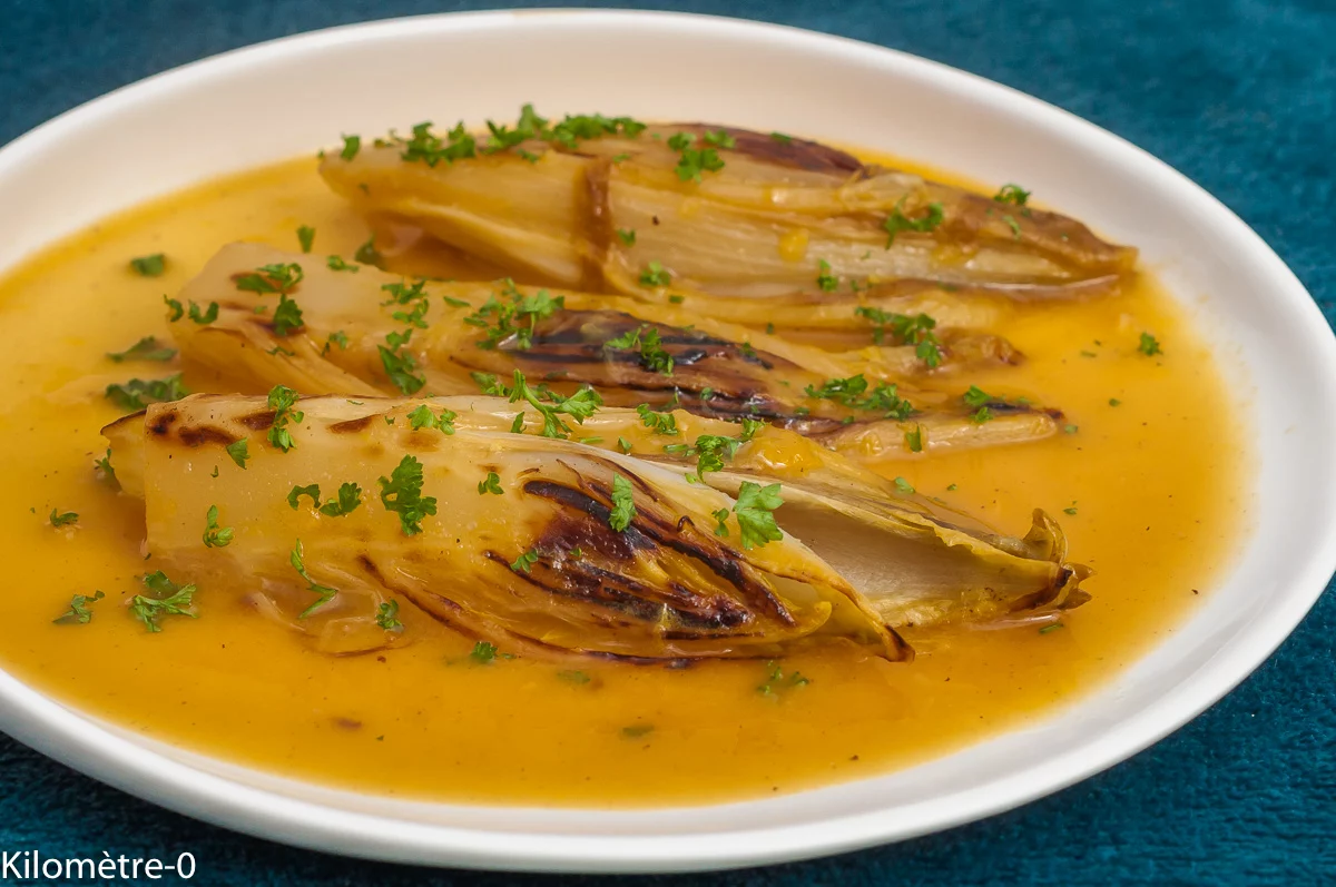 Photo de recette végétarienne, légère, facile, agrumes, orange, endives, légumes, automne, hiver, moutarde, miel, bio, Kilomètre-0, blog de cuisine réalisée à partir de produits de saison et issus de circuits courts
