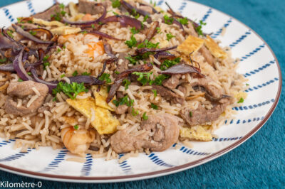 Photo de recette de Nasi goreng, cuisine du monde, cuisine indonésienne, riz, céréales, viande, porc, crevettes, facile, économique, bio, healthy, plat complet, plat unique, de Kilomètre-0, blog de cuisine réalisée à partir de produits de saison et issus de circuits courts