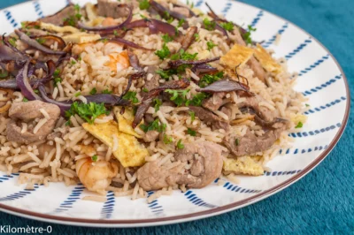 Photo de recette de Nasi goreng, cuisine du monde, cuisine indonésienne, riz, céréales, viande, porc, crevettes, facile, économique, bio, healthy, plat complet, plat unique, de Kilomètre-0, blog de cuisine réalisée à partir de produits de saison et issus de circuits courts