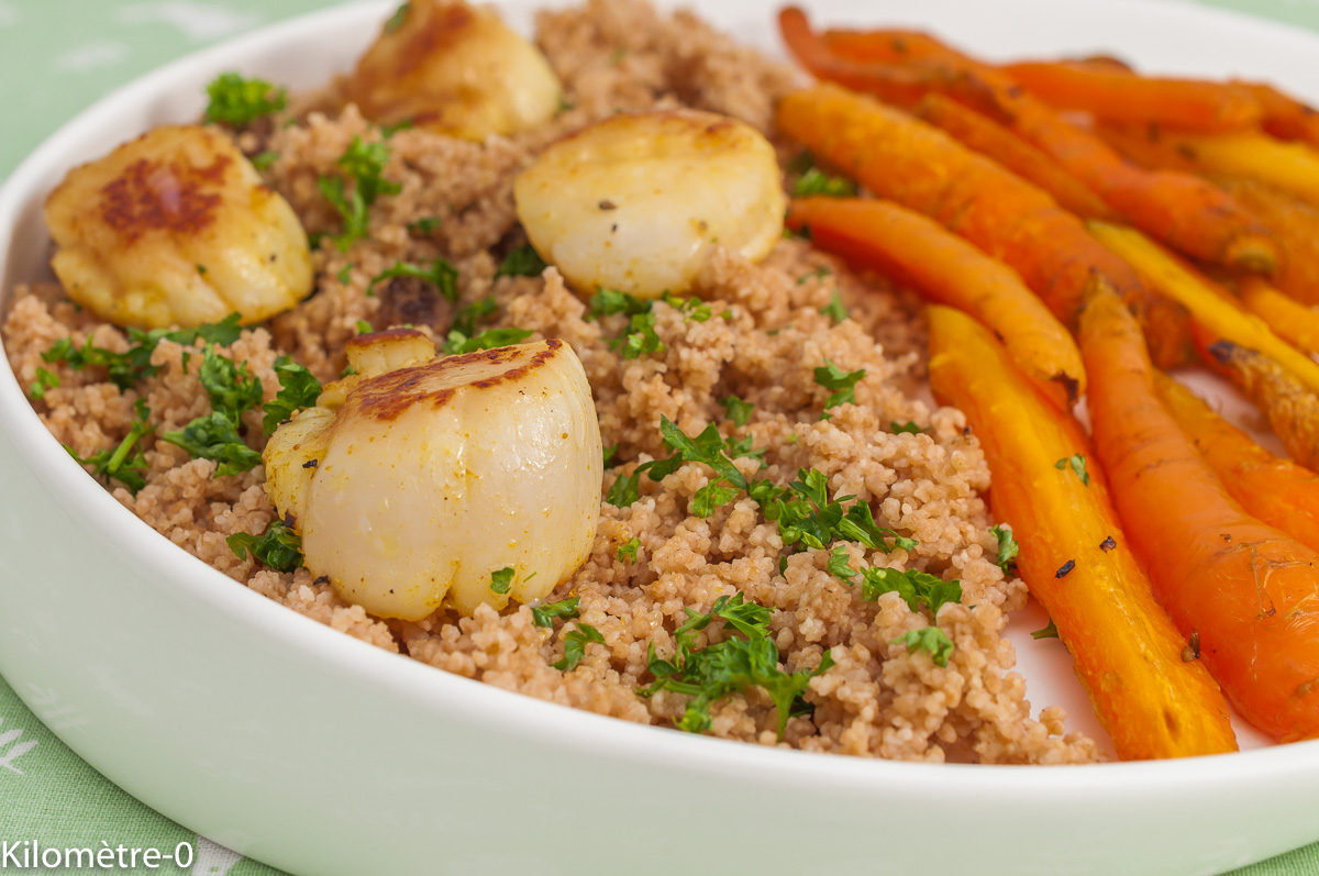 Photo de recette de noix saint jacques, cuisine orientale, carottes au four, légumes, carottes, semoule de blé, facile, rapide, Kilomètre-0, blog de cuisine réalisée à partir de produits de saison et issus de circuits courts