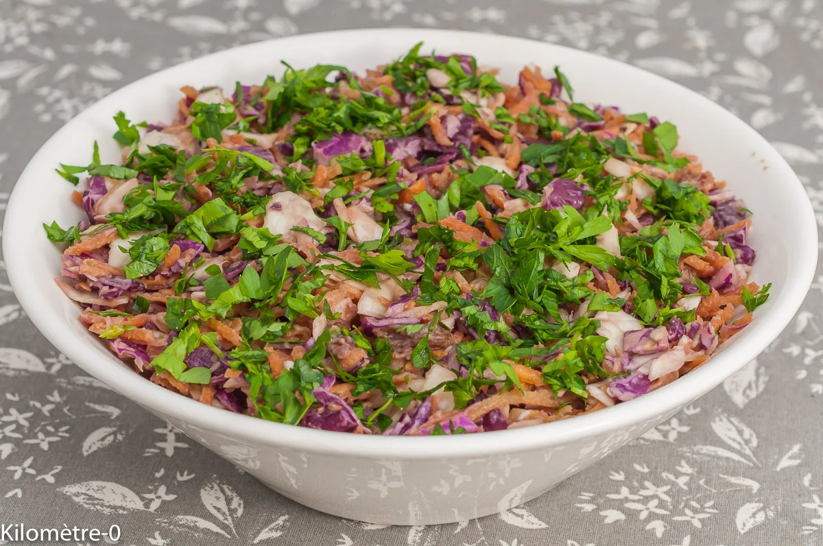 Photo de recette de salade, salade de choux , chou rouge, carottes, légumes, raisins secs, mayonnaise aux haricots blancs, fayonnaise, mayonnaise végétale, végétarien, Kilomètre-0, blog de cuisine réalisée à partir de produits de saison et issus de circuits courts