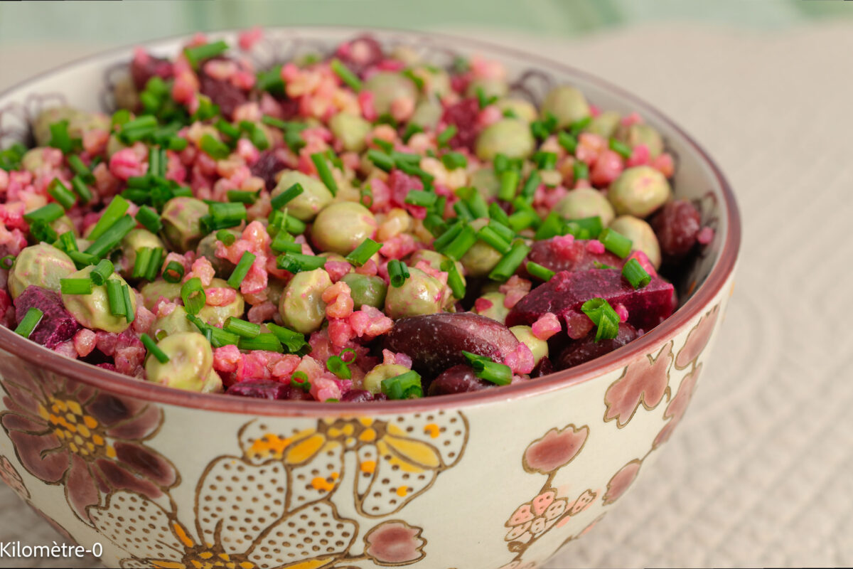 Recette, Kilomètre-0, salade, complète, végétarienne, boulgour, petits pois, radis, betteraves, haricots rouges, facile, légère, bio, complète, protéiné, printemps, été,