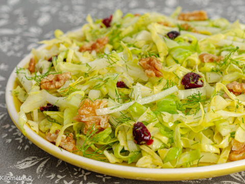 Recette de salade, salade composée, chou, crudités, chou pointu, chou rave, chou de printemps, noix, cranberries, bio, facile, sain, heathy, Kilomètre-0