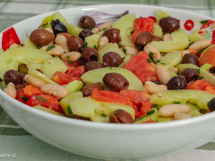 Recette sans gluten de salade de tomates et de concombre aux olives et haricots blancs — ciboulette et moutarde