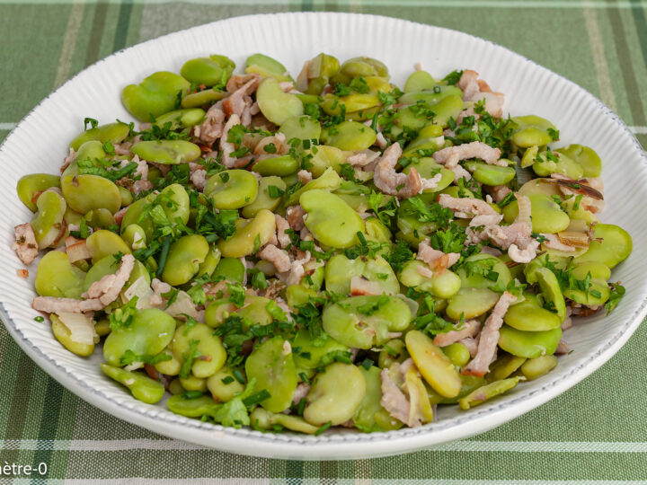 Recette de, fèves, poitrine fumée, lardons, allumettes, thym, légumes, printemps, été, facile, rapide, léger, Kilomètre-0