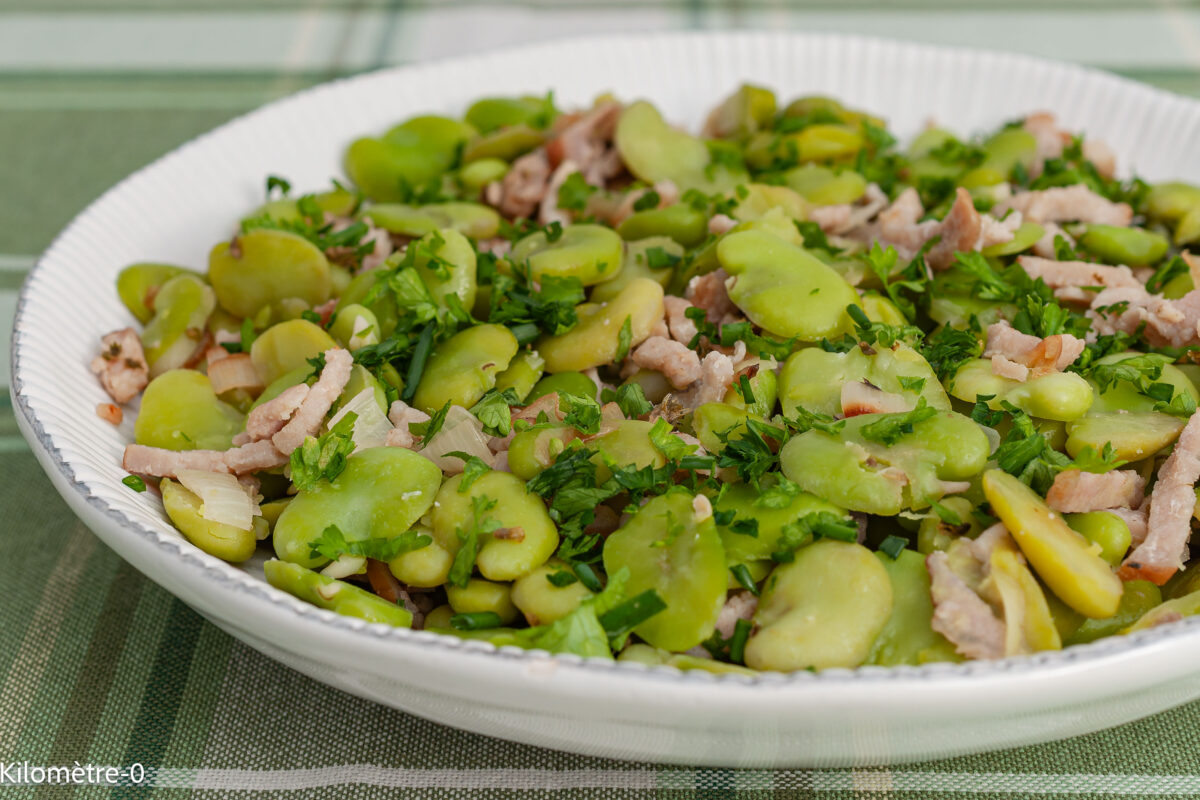 Recette de, fèves, poitrine fumée, lardons, allumettes, thym, légumes, printemps, été, facile, rapide, léger, Kilomètre-0