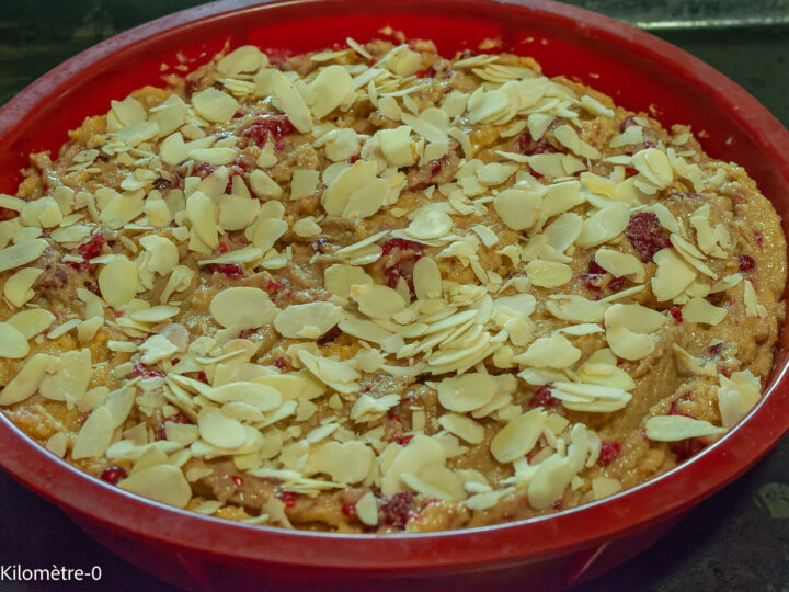 Gâteau du matin protéiné aux framboises et groseilles : étape 8 — Parsemez d'amandes effilées.